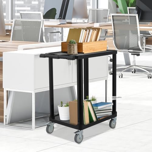 Leadzm 2-Tier Plastic Flat Utility Cart, Commercial Rolling Service Cart on Wheels with Braker, Multi-Function Handle and Large CapacityStorage,Perfect for Warehouse Garage Office,Black