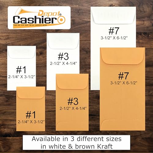 500 Cashier Depot - #7 Coin Envelopes, 3.5 x 6.5 Inches, Brown Kraft Paper, Gummed Flap Closure, for Cash, Receipts and Small Parts Storage, 500 Count