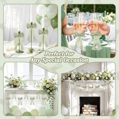 Cheereveal 12Pcs Sage Green Satin Bow Napkin Rings, Pre-Tied - color: Sage Green