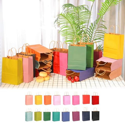 qiqee 200Pcs Medium Paper Gift Bags with Handles - 10.6"x8.3"x4.3" Party Favor Bags - 16 Solid Colors - size: 200 Count (Medium Size)