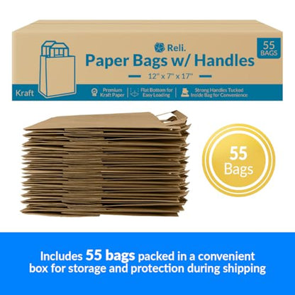 Reli. Paper Grocery Bags with Handles | 55 Pcs Bulk | 12"x7"x17"