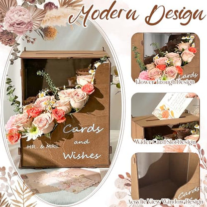 OurWarm Wedding Card Box with Wave Flower Trough, Gift Card Box for Wedding - color: Brown