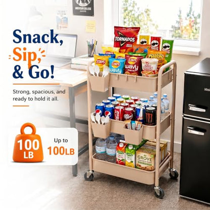 Beige 3 Tier Rolling Storage Cart Metal on Wheels, Cream Diaper Caddy Carts - color: Gentle‌ Beige, size: 3 Tier + Cups + Hooks