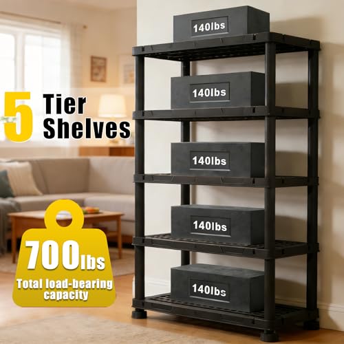 72”H Plastic Garage Storage Shelves,5-Tier Heavy Duty Plastic Shelving,700LBS Plastic Shelving Units Free Standing,for Home,Garage,Basement, Laundry,Black,16.93" Dx35.43 Wx72.44 H - size: 72.44" H x 35.43" W x 16.93" D