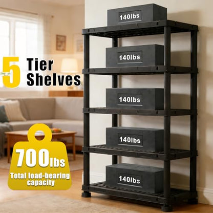 72”H Plastic Garage Storage Shelves,5-Tier Heavy Duty Plastic Shelving,700LBS Plastic Shelving Units Free Standing,for Home,Garage,Basement, Laundry,Black,16.93" Dx35.43 Wx72.44 H - size: 72.44" H x 35.43" W x 16.93" D