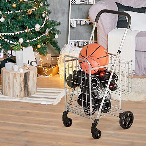 ARLIME Folding Shopping Cart, Double Basket Supermarket Cart with Adjustable Wide Cushion Handle Bar and Swivel Wheels, Suitable for Grocery Book Luggage Travel Laundry, Large Utility Carts (Silver)