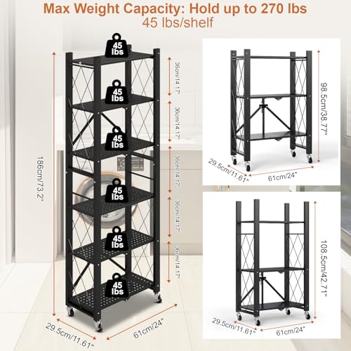 6-Tier Foldable Storage Shelves with Wheels Folding Bookshelf no Assembly - color: Black, size: 6 Tier