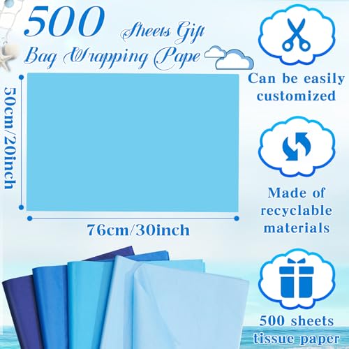 500 Sheets Blue Tissue Paper Bulk 20 x 30 Inch for Homecoming Gift Bags - color: Blue Series, size: 20 x 30 Inch