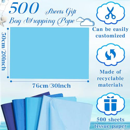 500 Sheets Blue Tissue Paper Bulk 20 x 30 Inch for Homecoming Gift Bags - color: Blue Series, size: 20 x 30 Inch