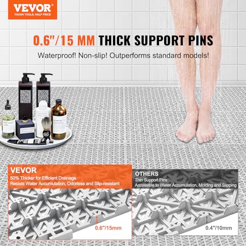VEVOR Modular Interlocking Cushion, 50 Pack 12" x 12" Splicing Drainage Mats, Soft PVC Interlocking Drainage Floor Tiles, Non-Slip Drainage Holes for Restroom, Bathroom, Kitchen, Pool, Wet Areas, Gray - color: Grey