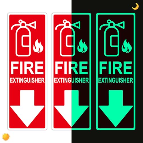 Fire Extinguisher Sign Sticker, Glow in the Dark with Down Arrow 3 Pack - size: 4×12 Inch