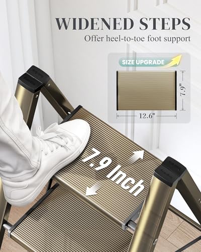 4 Step Ladder, Foldable Aluminum Step Stool with Anti-Slip Pedal - color: Champagne Gold, size: 4 Step