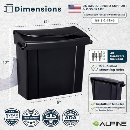 Alpine Sanitary Napkin Receptacle - Feminine Hygiene Disposal Container, Wall Mounted Trash Can with Odor Control Seal & Installation Hardware (Black) - color: Black