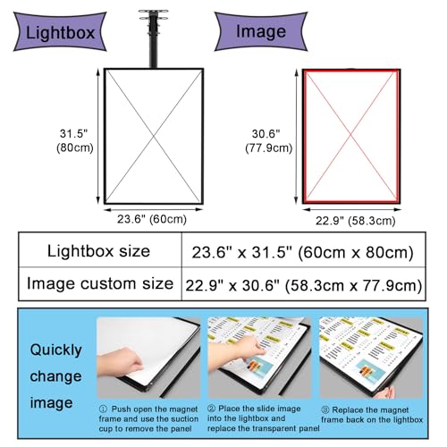 Wall Mounted LED Menu Light Box, 3D Slim Snap Frame Light Box Billboard, Restaurant Coffee Beverage Shop Display Board Sign, With Telescopic Rod (23.6"x31.5"/60cmx80cm) - size: 23.6"x31.5"/60cmx80cm