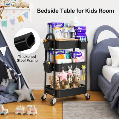 3 Tier Metal Heavy Duty Rolling Cart with Wheels & Wood Table Top, Black - color: Black