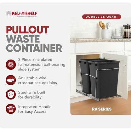 Rev-A-Shelf Double Pullout Garbage Trash Cans for Kitchen Cabinets, 35 Qt - color: Black