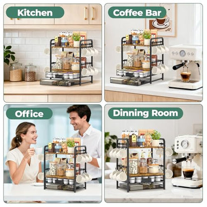EsLuker.ly Coffee Bar Organizer Station Shelf Mug Holder for Countertop - color: Black+Brown+Brown