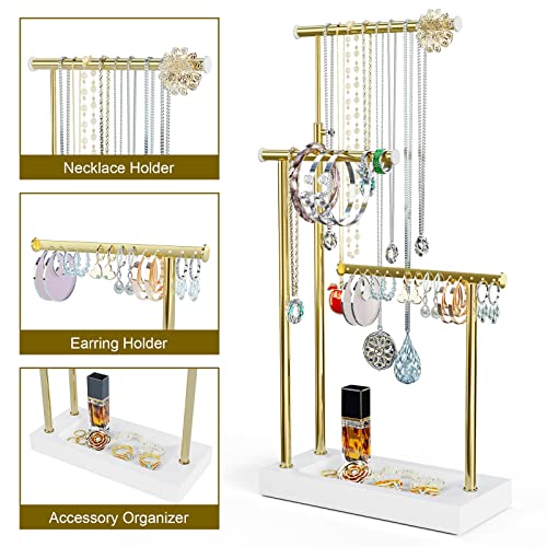 SRIWATANA Jewelry Organizer Display Extra Tall Necklace Holder 3 Tier Jewelry Tree Stand, Gift Idea (White & Gold) - color: White & Gold
