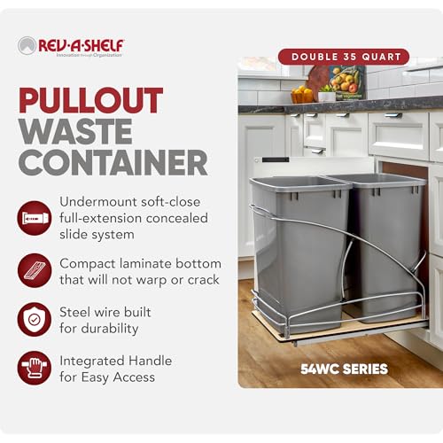 Rev-A-Shelf Double Pullout Trash Can w/Soft-Close Slides, 14.5" Min Opening - size: 35 QT Double, 14.5"W
