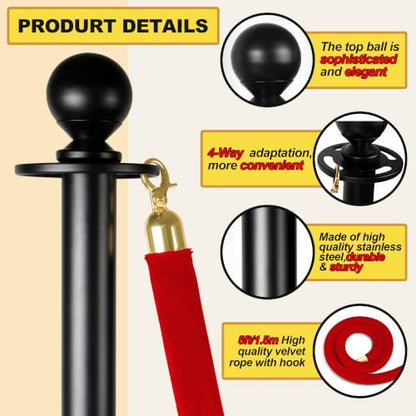 4 Pack Stanchions Post with Velvet Rope, Metal Posts with Weighted Base, Heavy Duty Crowd Control Barriers & Poles for Red Carpet, Movie Theater, Event, Party Supplies, Red - color: Metal-Red (Upgraded)