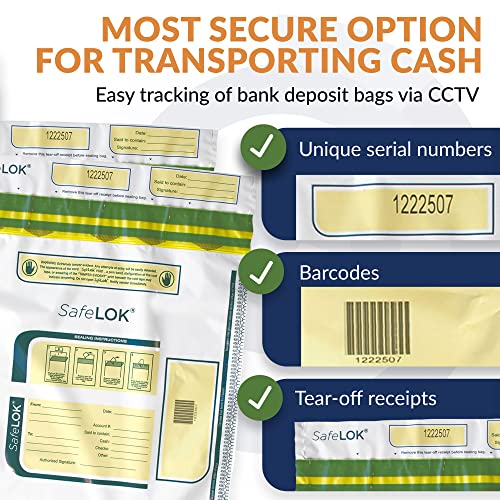 ControlTek SafeLok 9" x 12", Clear with Pocket, 100 Bags,Tamper-Evident Deposit Bags, Outside Reclosable Pocket, Tear-off Receipt + Large Barcodes 585088