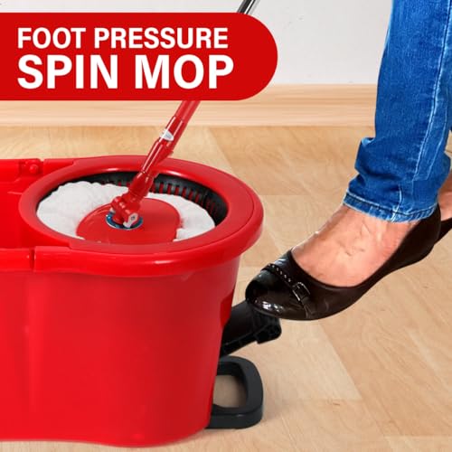 Pedal Spin Mop and 7LT Bucket Floor Cleaning System with 3 Extra Microfiber Mop Replacement Refills - Labor-Saving Foot Pressure Spin Mop with Adjustable Stainless Steel Handle for Floor Cleaning