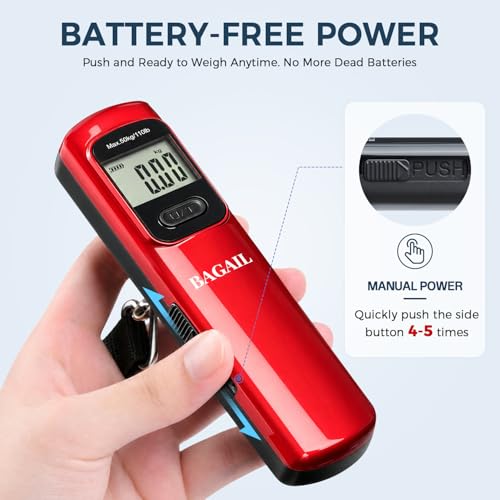BAGAIL Digital Luggage Scale, 110lbs Hanging Baggage Scale with Backlit LCD Display, Portable Suitcase Weighing Scale, Travel Luggage Weight Scale with Hook, Strong Straps for Travelers - color: Dark Red Battery Free