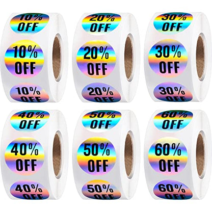Tenare 6 Rolls/3000 Pcs Percent Off Sticker 10 to 60 Percent, Bright Style - style: Bright Style