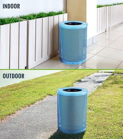 Alpine Outdoor Trash Can 36 Gallon Diamond Steel Commercial Metal Waste Bin with Leak Proof Liner, Heavy Duty Steel Mesh Design, Flat Wide Open Top Lid for Parks, Streets, and Public Spaces-Blue