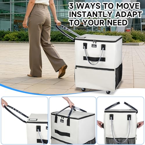 Large Reusable Grocery Bag On 5 Wheels, 130L Foldable Rolling Tote Bag - color: Beige, size: Large