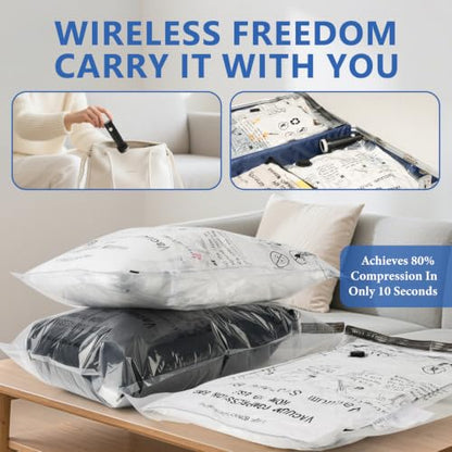 12 Pack Travel Vacuum Bags for Clothing with Rechargeable Wireless air Pump - size: 12 Combo Size (Blue)