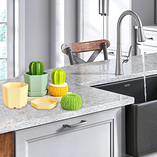Cactus Mini Dish Brush Set with Drip Tray (3 Replacement Brushes), Durable Kitchen Cleaning Scrubbers for Plates, Pans, Pots, Sink (Green) - color: Green