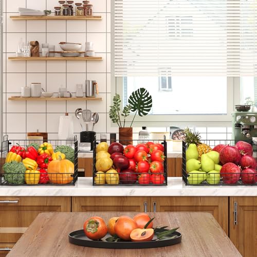 3 Pack XXL Stackable Wire Baskets, Large Storage Bins for Onion, Potato, Vegetable, Fruit, Snack, Pantry Baskets for Kitchen Cabinet Countertop, Pantry Organizers and Storage Solutions - size: 3 Pack-Wide 15.4"W x 11.8"D