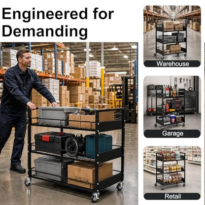 34" Extra-Wide Heavy-Duty 3-Tier Metal Utility Cart on Wheels for Warehouse - color: Premium Black