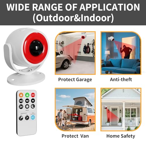 2 Pack Wireless Motion Detector Alarm for Indoor Use, PIR Motion Sensor with Sound Player for Pets, Dogs & Animal Deterrent, Intruder Alert & Remote Safety System, Noise Maker Sensor de Movimiento