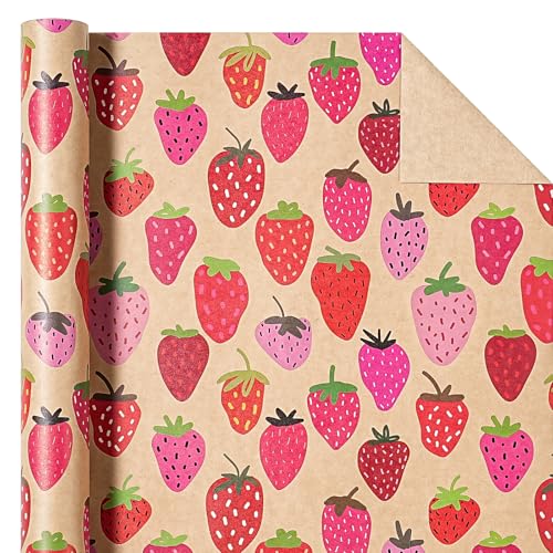 WRAPAHOLIC Kraft Strawberry Wrapping Paper Roll - Mini Roll - 17 Inch x 16.5 Feet - Sweet Strawberry Fruits Wrapping Paper for Summer, Birthday, Wedding, Bridal Shower - color: Kraft - Strawberry, size: 17 inch x 16.5 feet