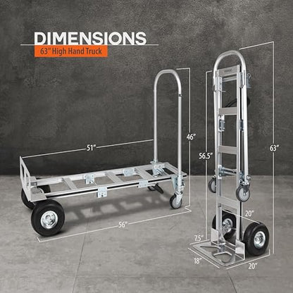 Vergo Industrial Convertible Hand Truck - AS7B Heavy Duty Aluminum 2 in 1 Dolly (800 lb Capacity) Lightweight Reinforced Frame, Ergonomic Handle, Superior Mobility Moving Dolly (2 Positions, 63" High) - size: 2 Positions, 63" High