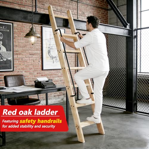 120" Solid Wood Sliding Library Ladder,10 Step Wooden Ladder with Handrails - size: Height 120"