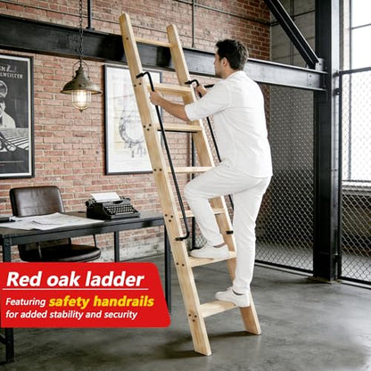 87in Solid Wood Sliding Library Ladder,10 Step Wooden Ladder with Handrails - size: Height 87"