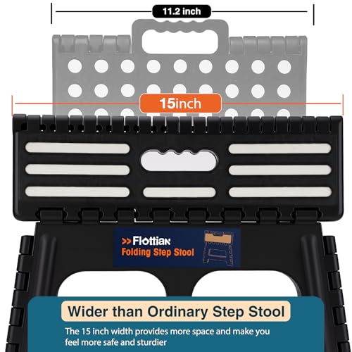 Flottian 9" Folding Step Stool for Adults and Kids 15-Inch Extra Wide Stool Holds Up to 300 lbs,Non-Slip Folding Stools with Handle,Compact Plastic Foldable Step Stool for Bathroom,Kitchen,ect,Black - size: 9 Inch
