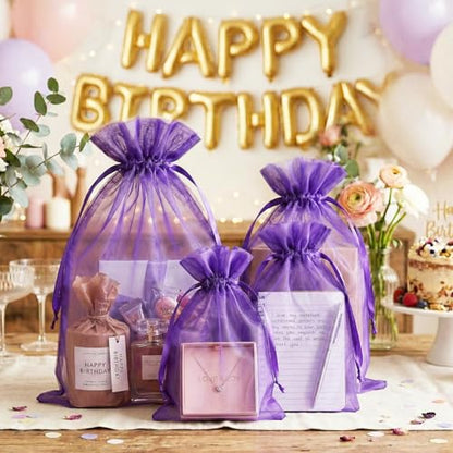 FUNFERY 100Pcs Purple Organza Bags 5x7 in,Small Mesh Drawstring Gift Bag - color: Dark Purple