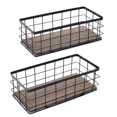 ROSE BLOOM Small Metal Wire Storage Basket, Decorative Wood Base Organizer Bins for Bathroom, Kitchen, Laundry Room, Pantry, Basket for Toilet Paper, Fruits, Spices (2 Pack) - color: Black - Large, size: 2 Pack