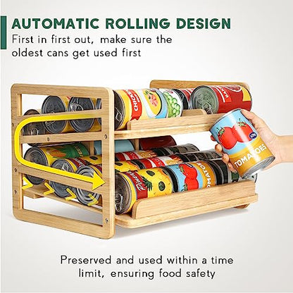 Yumkfoi Rolling Bamboo Can Organizer Rack, Stackable Can Storage - style: For 24 cans with rolling filling design