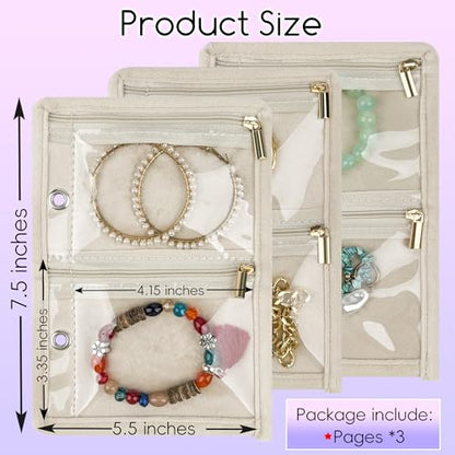 Travel Jewelry Organizer Case,Small Jewelry Bags Jewelry Storage Book Ring Binder with Clear Zipper Velvet Pouch for Traveling (Inner Pages,Beige,3 PCS,Medium) - color: Inner Pages,Beige,3 PCS,Medium