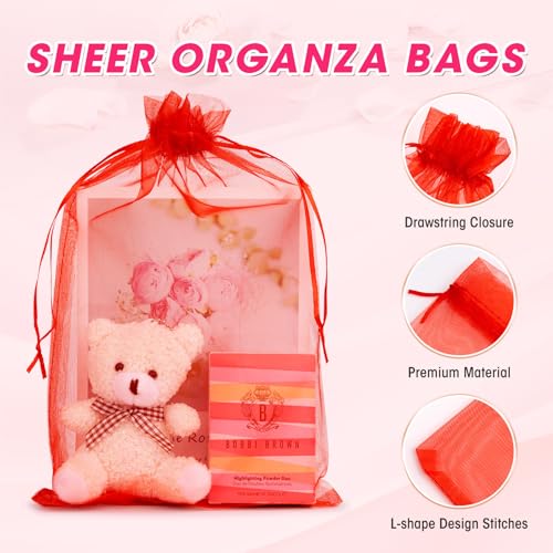 ANZNKU 50 Pcs Large Organza Bags 8x12, Red Small Mesh Gift Bag Drawstring - color: Red