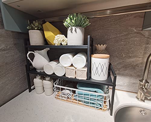 Expandable Cabinet Shelf 10.6"D Adjustable Countertop Riser Rack Black - color: Black, size: 10.6"D (wide) - 1 Pack