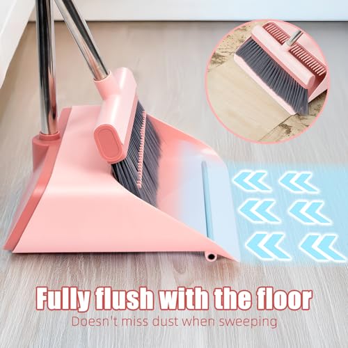 Broom and Dustpan Set with Dustpan Teeth SelfCleaning, Upright Stand Duspan and Brush with 53'' Long Adjustable Handle for Indoor&Outdoor Sweeping Home Office Floor Cleaning Broom with Dust pan-Pink