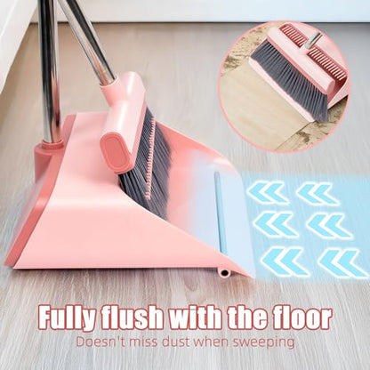 Broom and Dustpan Set with Dustpan Teeth SelfCleaning, Upright Stand Duspan and Brush with 53'' Long Adjustable Handle for Indoor&Outdoor Sweeping Home Office Floor Cleaning Broom with Dust pan-Pink