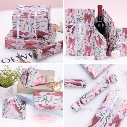 Larcenciel Pink Bow Wrapping Paper Roll, Metallic Foil Gift Wrapping Paper Roll, Fancy Girly Holiday Gift Wraps for Birthday, Holiday, Graduation, Girl Baby Shower, Xmas,17 In x 32.8 Ft - color: Pink, Green, White