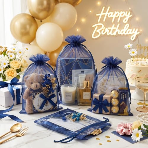 FUNFERY 100PCS Navy Blue Sheer Organza Bags 5x7 in, Goodie Bags Bulk - color: Navy Blue